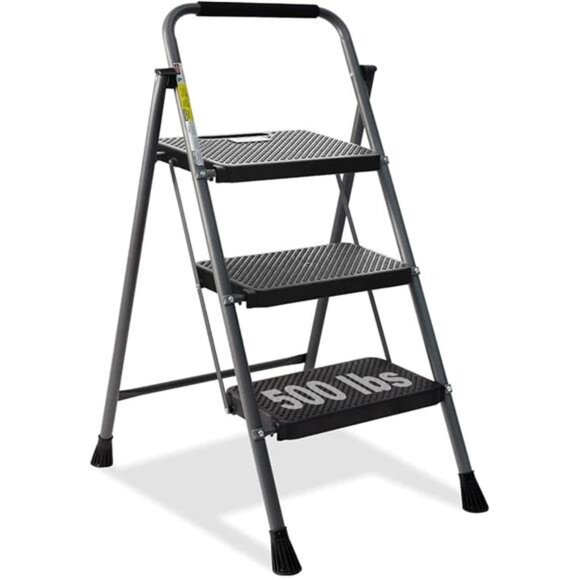 3 Step Ladder, GOLYTON Folding Step Stool with Anti-Slip Wide Pedal &  Handgrip - Picture 7 of 7